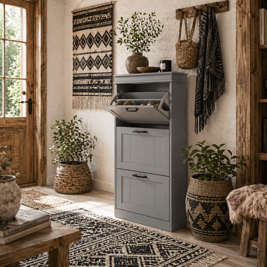 Keliba Kaha Wooden Grey Minimal 3 Drawer Shoe Cabinet