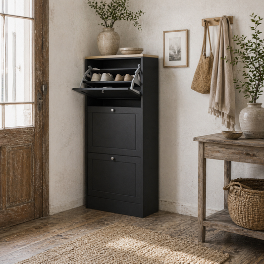 Rani Wooden Black Compact 3 Drawer Shoe Cabinet