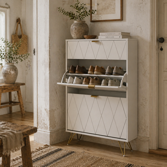 Molari Doha Wooden White Narrow Shoe Cabinet With 2 Flip Drawers