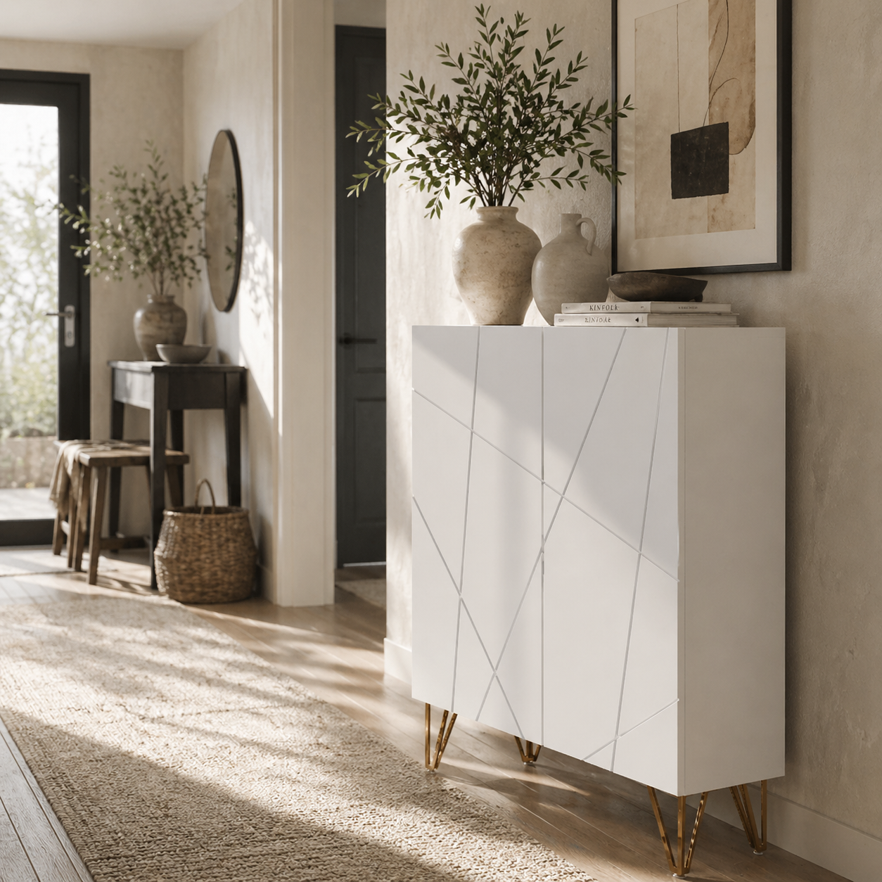 Monola Wooden White Slim Shoe Cabinet Modern Geometric Pattern For 15 To 20 Pairs