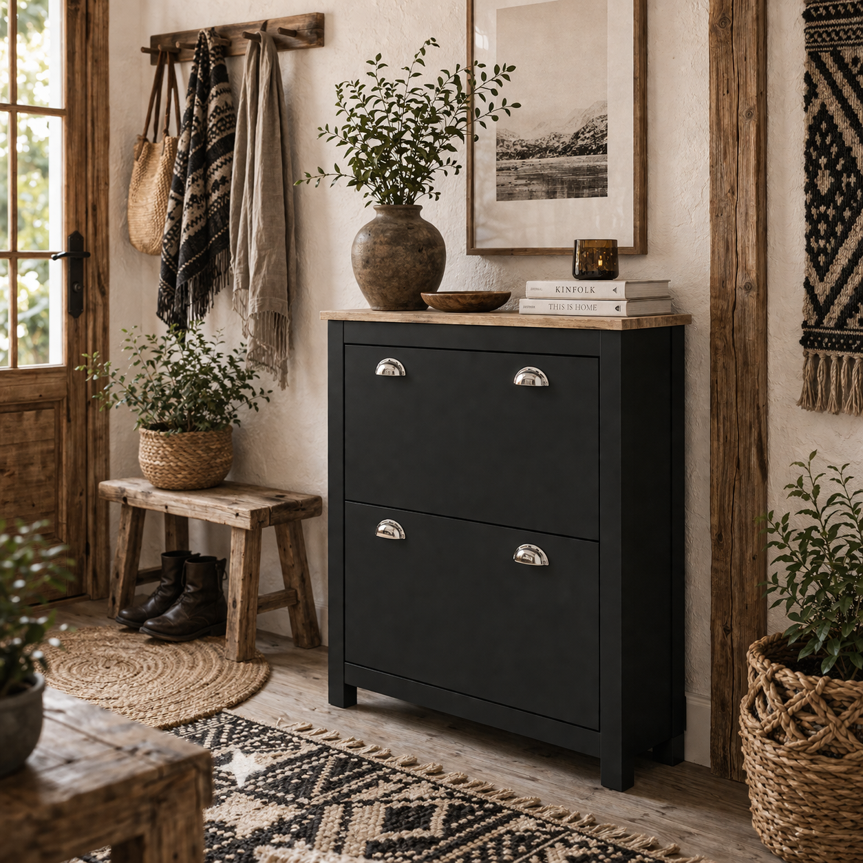 Resuka Wooden Black Slim Shoe Cabinet With 2 Flip Drawers For 6 To 12 Pairs