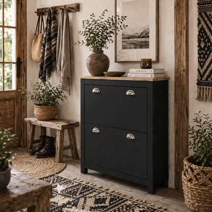 Resuka Wooden Black Slim Shoe Cabinet With 2 Flip Drawers For 6 To 12 Pairs