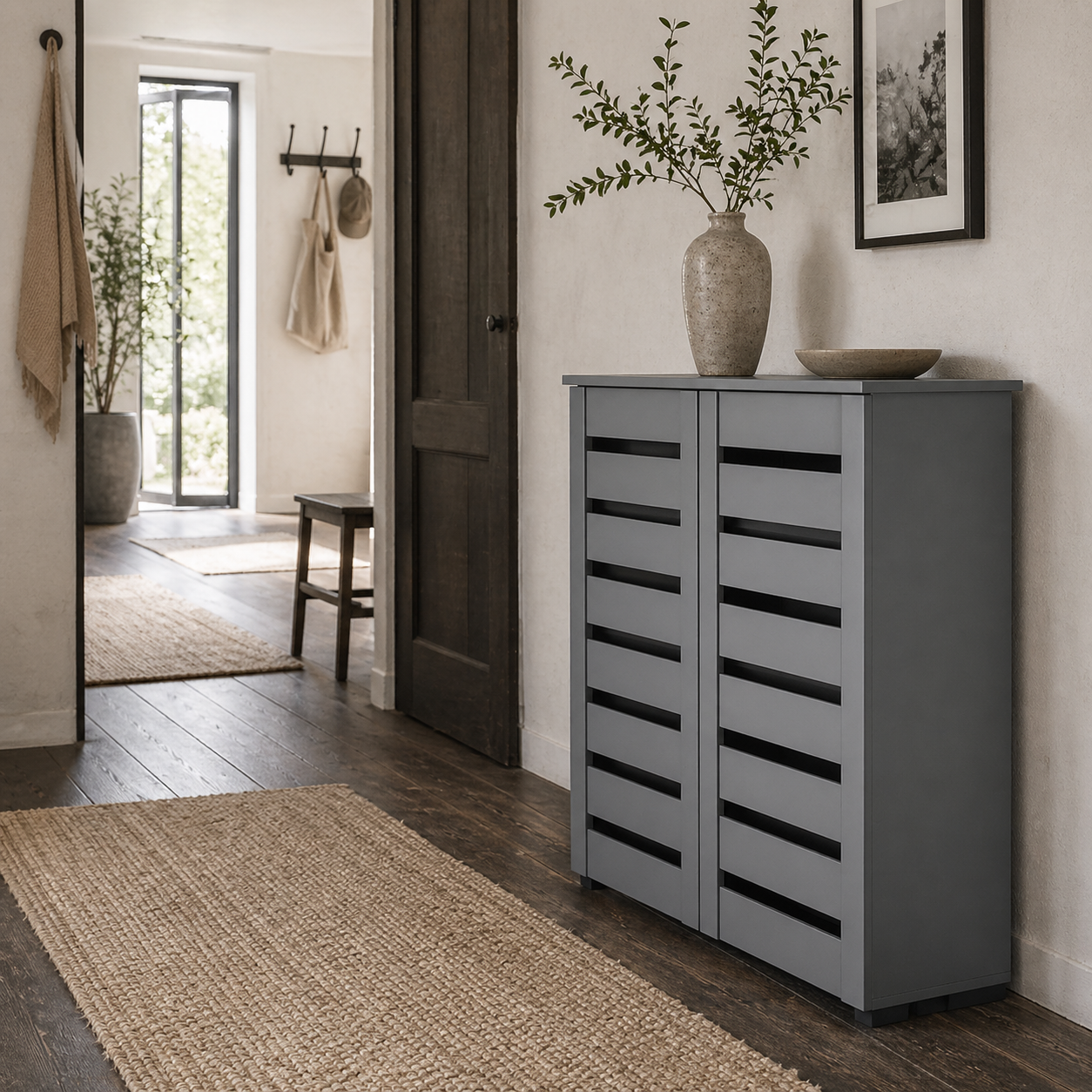 Zifa Wooden Grey Slim Shoe Cabinet With 5 Tier Storage And Slatted Doors