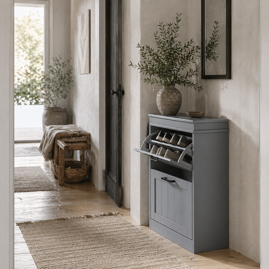 Falifa Wooden Grey Minimal 2 Drawer Shoe Cabinet For 10 Pairs