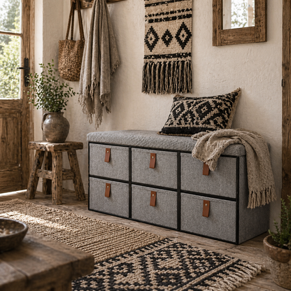 Taelha Light Grey Fabric Shoe Bench With Cushioned Seat And 6 Fabric Drawers