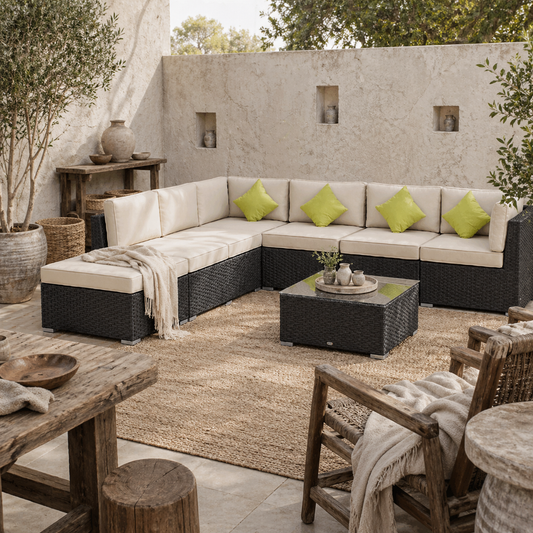 Yomo 6 Seater Faux Rattan Black Outdoor Corner Sofa Set With d Glass Coffee Table