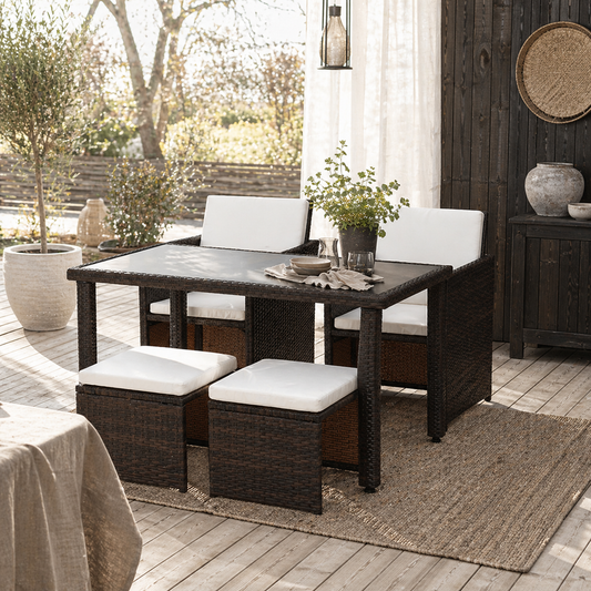 Nevani Rattan Brown 2 Seater Cube Garden Dining Set With Armchairs Stools And Rectangular Glass Table