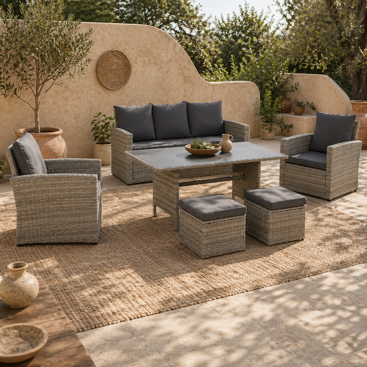 Rerira Mixed Grey Rattan 7 Seater Outdoor Sofa Set With Glass Top Coffee Table