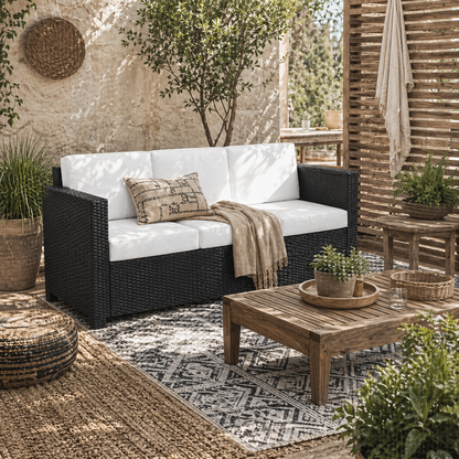 Sudori Black Rattan 3 Seater Outdoor Sofa With White Cushions