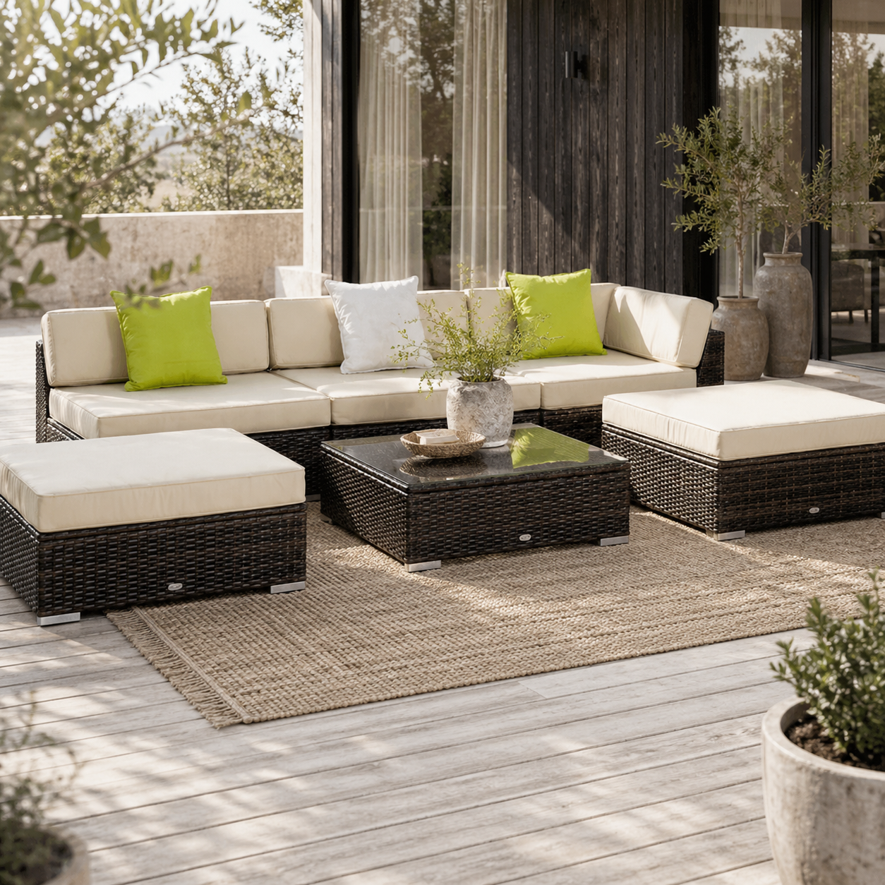 Baka Brown Rattan 9 Seater Outdoor Sofa And Coffee Table Set With Cream Cushions