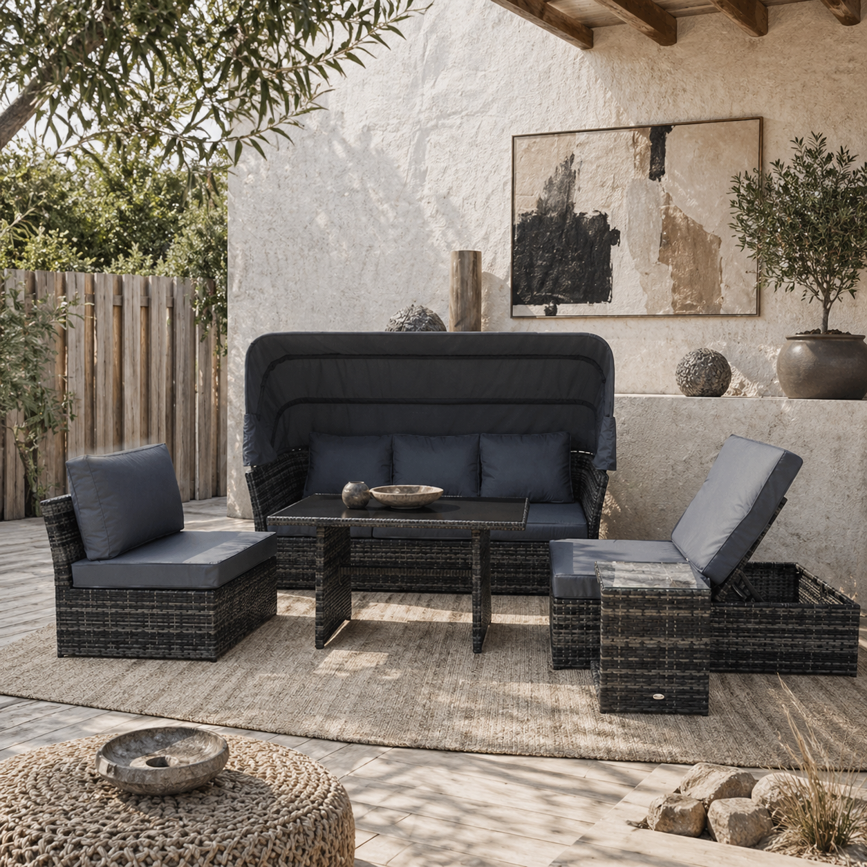 Mosone Rattan Grey 5 Seater Reclining Outdoor Sofa Set With Canopy and 2 Tables