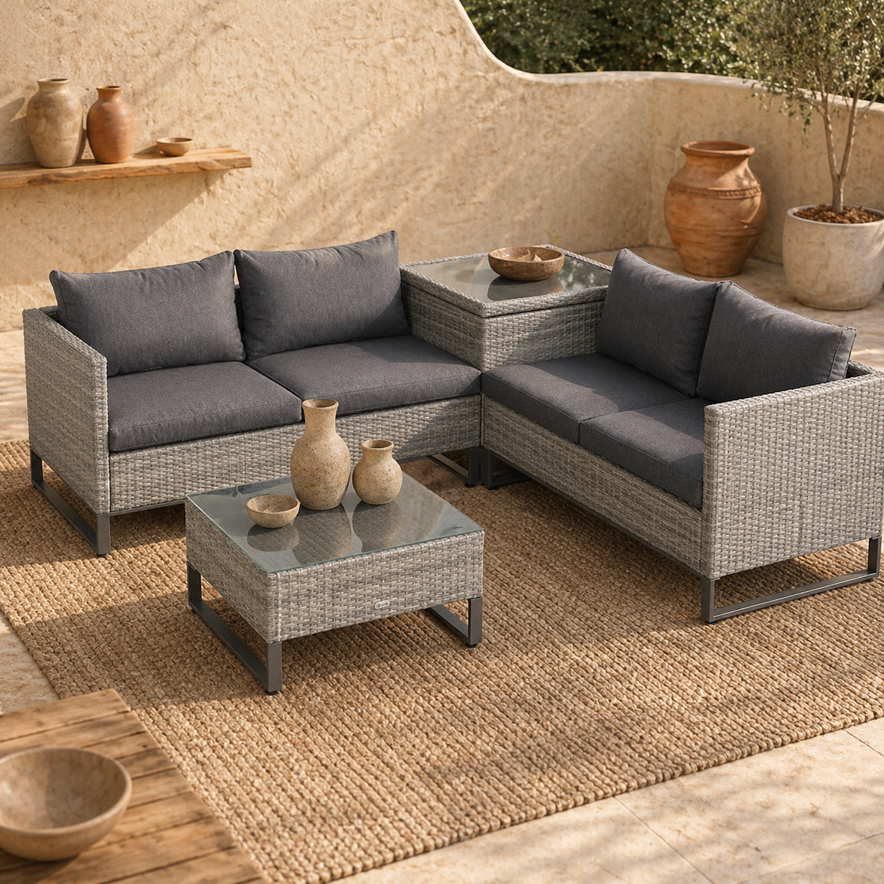 Samilo 4 Seater Grey Rattan Garden Sofa Set With Storage Coffee Table