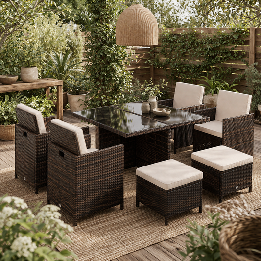 Luso Brown 8 Seater Cube Garden Dining Set With Square Glass Table