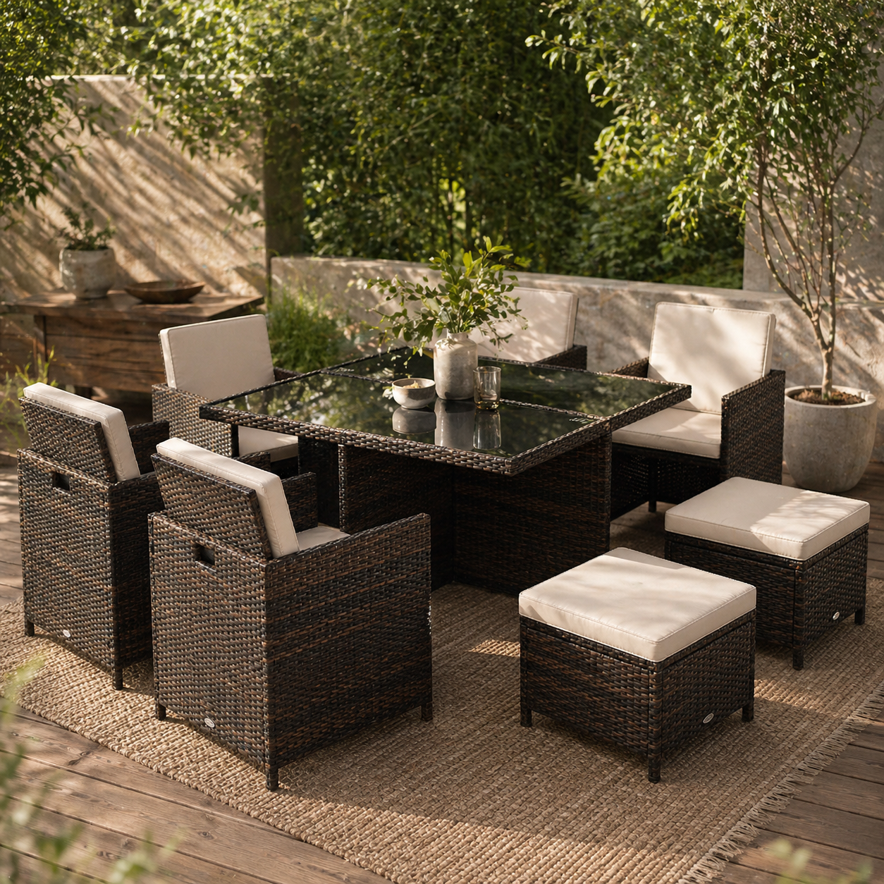Luso Brown 8 Seater Cube Garden Dining Set With Square Glass Table