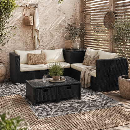 Nonasa Rattan Black 4 Piece Corner Garden Sofa Set With Storage Coffee Table