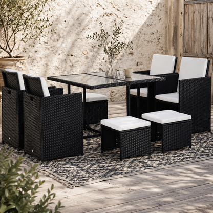 Viro Rattan Black 8 Seater Cube Garden Dining Set With Cushions And Square Glass Table