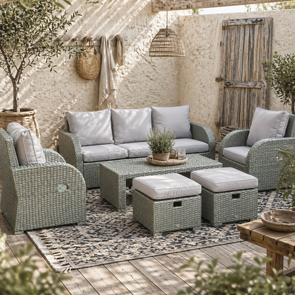Tanette Rattan Grey 7 Seater Outdoor Sofa Set With Reclining 2 Armchairs And 2 Stools