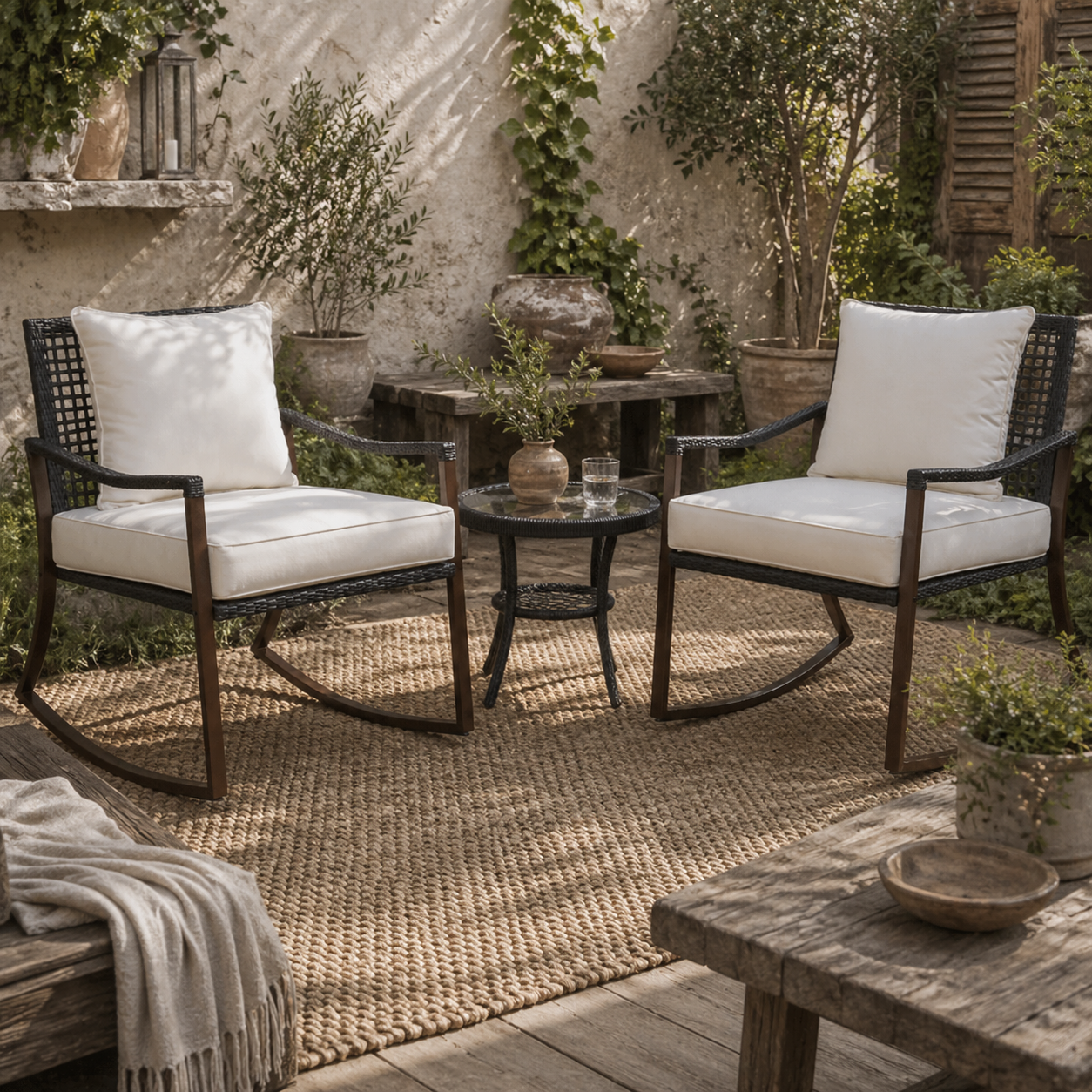 Madile Brown Rattan 3 Piece Bistro Set With Rocking Chairs And Round Glass Coffee Table
