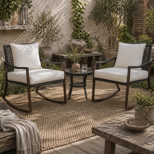 Madile Brown Rattan 3 Piece Bistro Set With Rocking Chairs And Round Glass Coffee Table