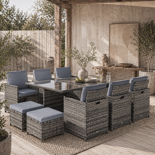 Tasuke Rattan Grey 10 Seater Cube Garden Dining Set With Cushions And Rectangular Glass Table