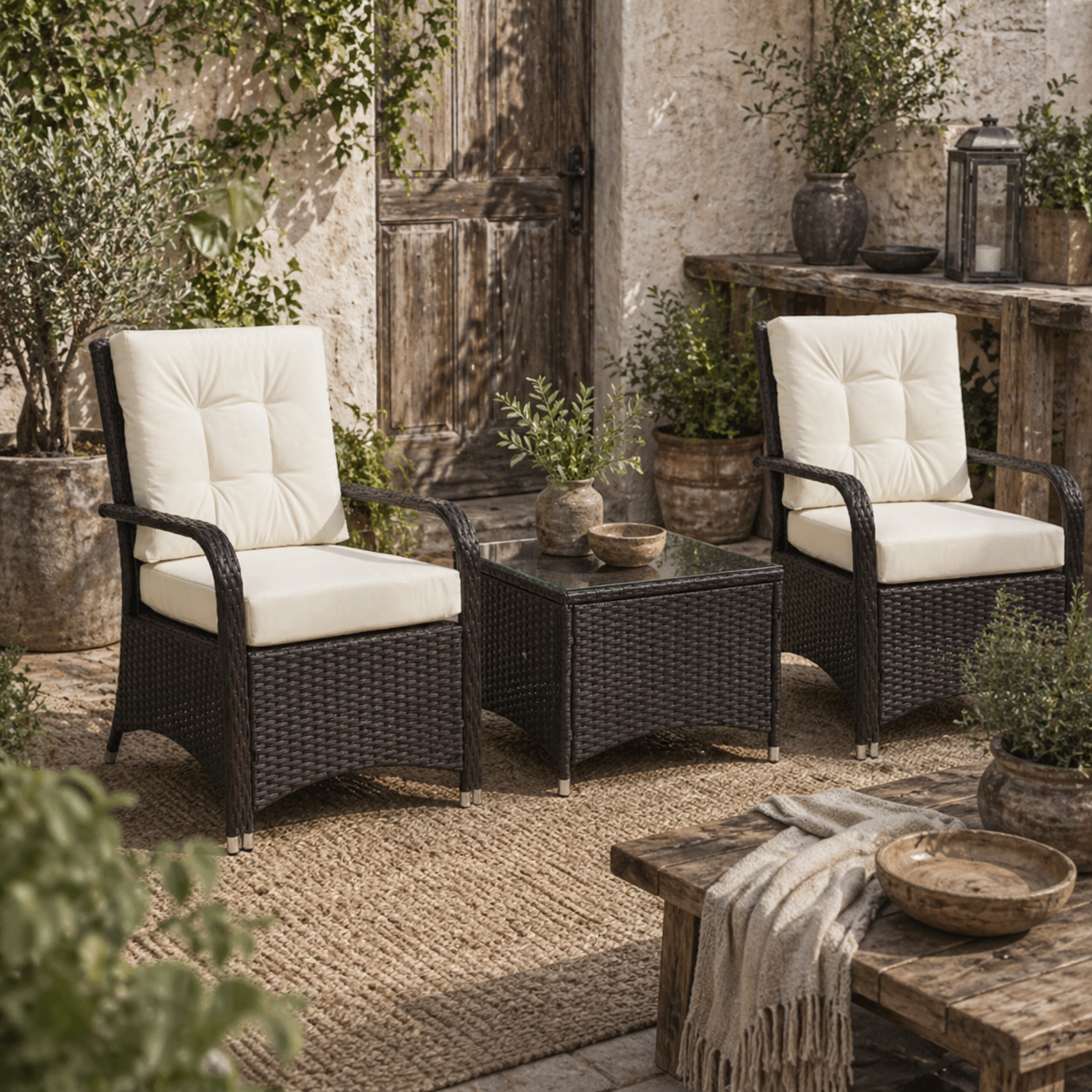 Lofita Brown Rattan White Garden 3 Piece Bistro Set With Cream Cushions And Protective Cover