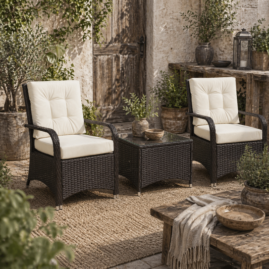 Lofita Brown Rattan White Garden 3 Piece Bistro Set With Cream Cushions And Protective Cover