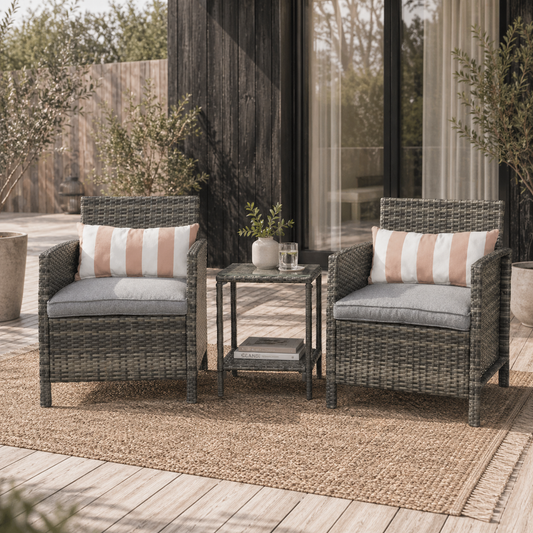 Vatara Grey Rattan Outdoor Garden 3 Piece Bistro Set With 2 Tier Glass Coffee Table And Stripe Cushions