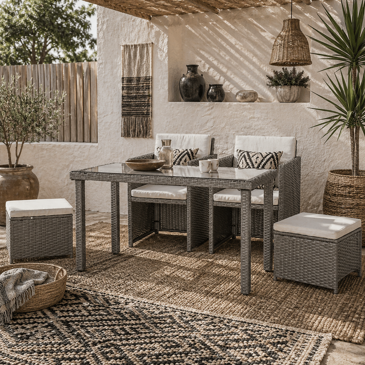 Moel Grey Rattan 4 Seater Cube Garden Dining Set with 2 Armchairs 2 Stools And Glass Table