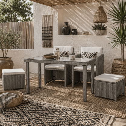 Moel Grey Rattan 4 Seater Cube Garden Dining Set with 2 Armchairs 2 Stools And Glass Table