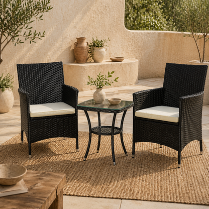 Rafifi Black Rattan 3 Piece Outdoor Bistro Set With Cushions And 2 Tier Coffee Table