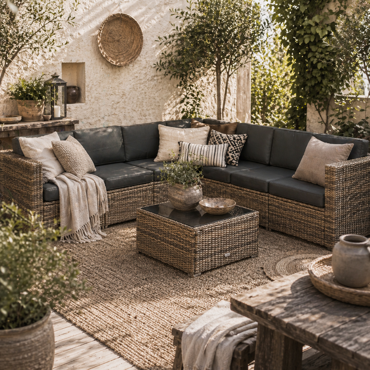 Lofa Rattan Brown 6 Seater Outdoor Corner Sofa Set With Cushions And Glass Coffee Table