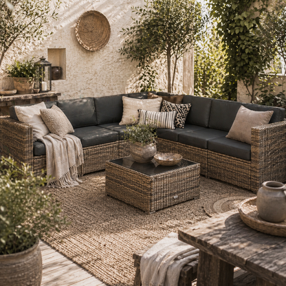 Lofa Rattan Brown 6 Seater Outdoor Corner Sofa Set With Cushions And Glass Coffee Table
