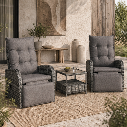 Nodika Rattan Grey 2 Seater Outdoor Bistro Set with Reclining Armchairs and Table