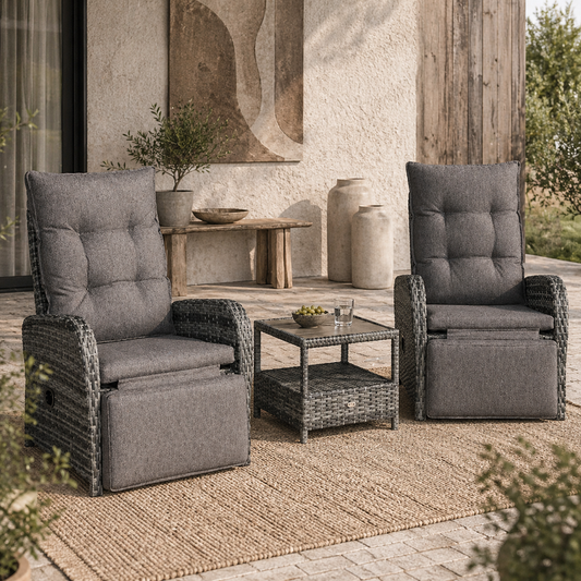 Nodika Rattan Grey 2 Seater Outdoor Bistro Set with Reclining Armchairs and Table