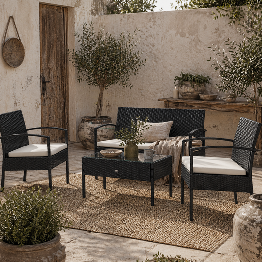 Vayono Rattan Black 4 Piece Garden Sofa Set With Loveseat 2 Armchairs and Glass Coffee Table