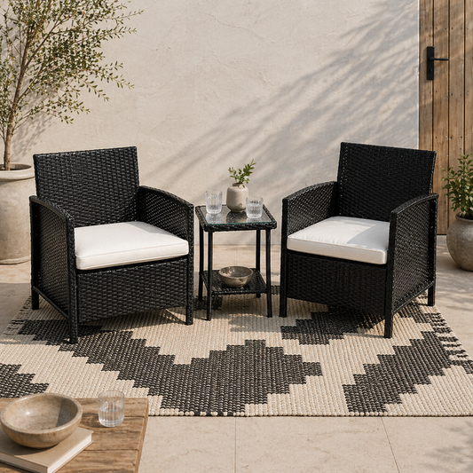Tava Black Rattan 2 Seater Jack And Jill Garden Bistro Set with White Cushions