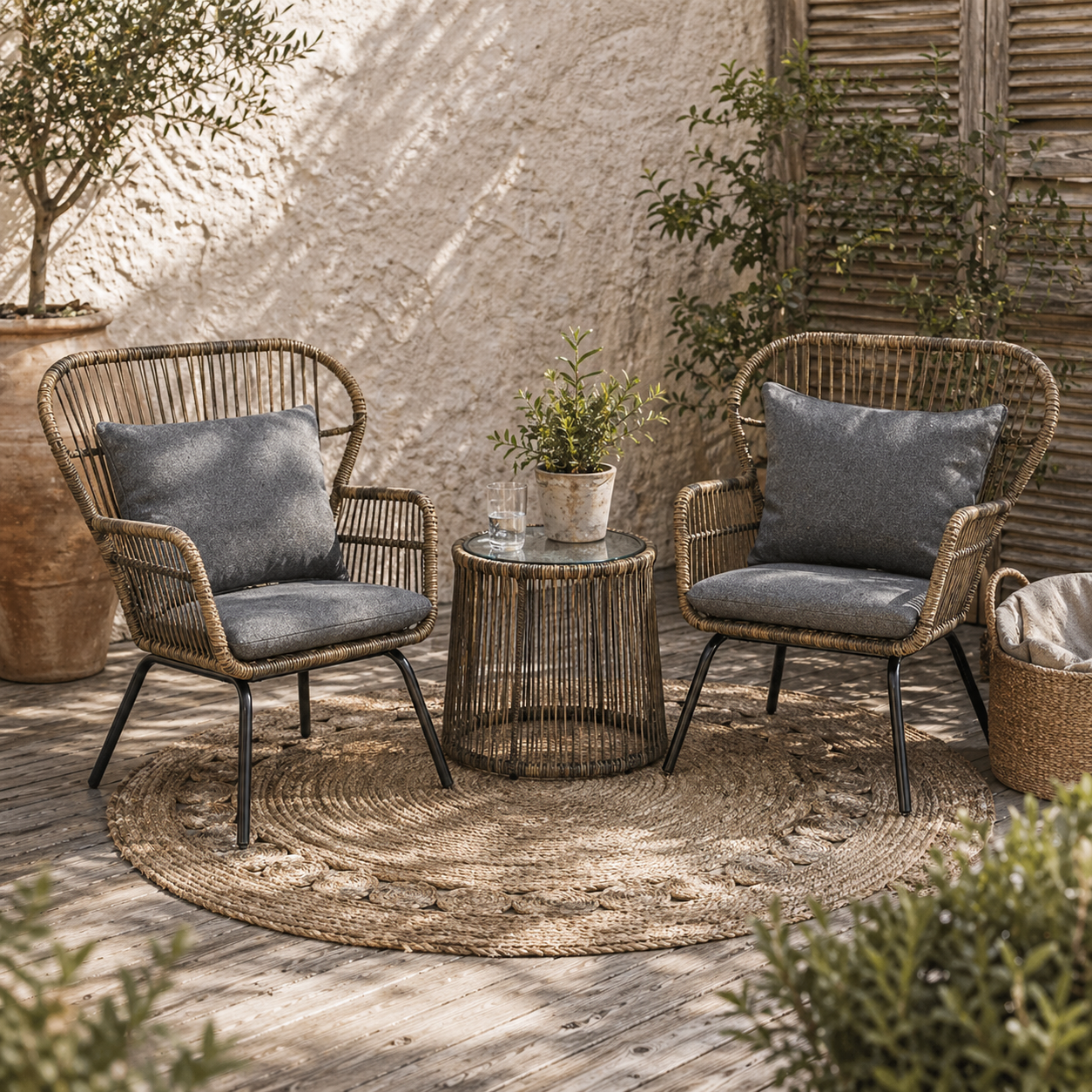 Lozifa Natural Rope 3 Piece Garden Bistro Set With Grey Cushions And Glass Coffee Table