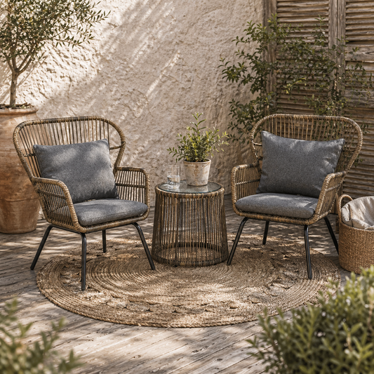 Lozifa Natural Rope 3 Piece Garden Bistro Set With Grey Cushions And Glass Coffee Table