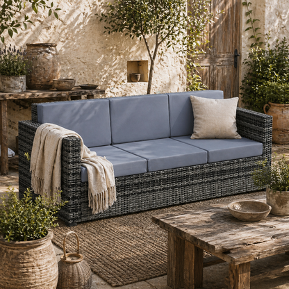 Neloro Rattan Grey 3 Seater Outdoor Sofa With Cushions