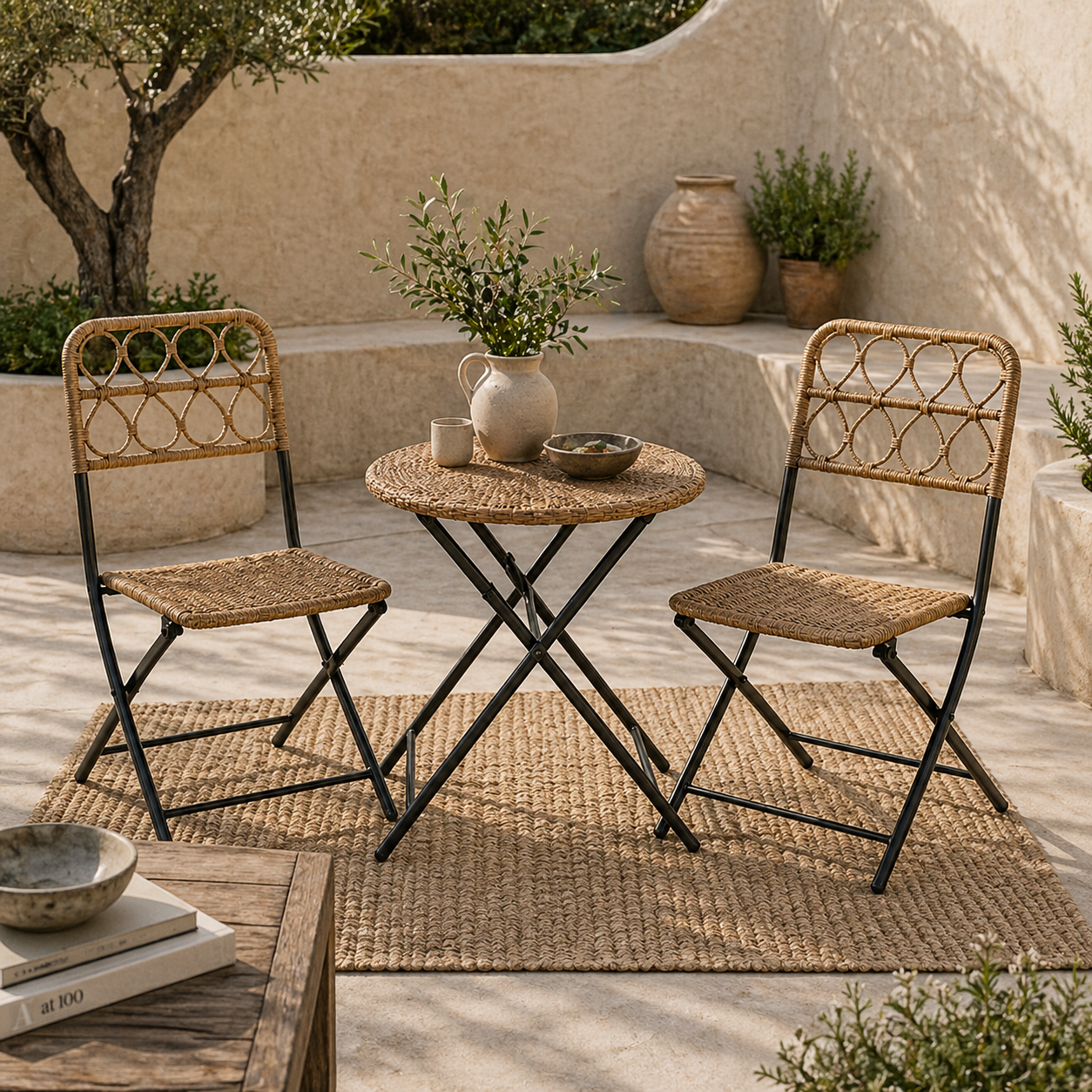 Inca Natural Rattan Rope 2 Seater Foldable Bistro Set With Chairs And Coffee Table