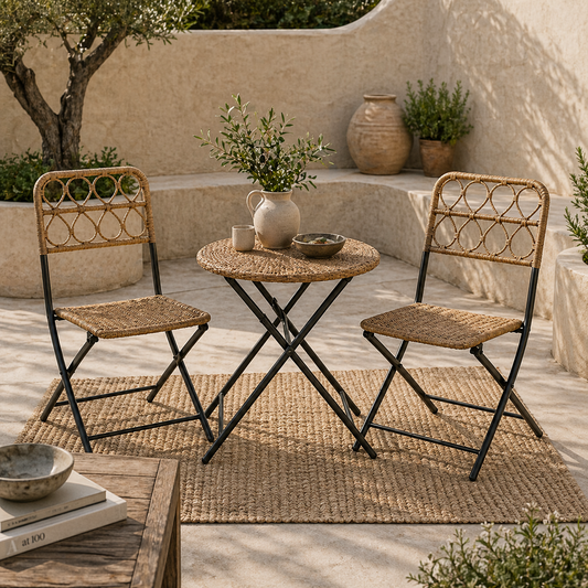 Inca Natural Rattan Rope 2 Seater Foldable Bistro Set With Chairs And Coffee Table