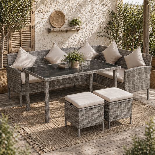 Mora Rattan 7 Seater Outdoor Dining Set with Sofa 2 Footstools and Rectangular Table