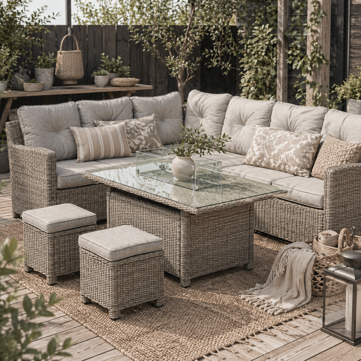 Fiva Faux Rattan 8 Seater L Shaped Outdoor Sofa Set With Fire Pit Table 2 Footstools and Cover