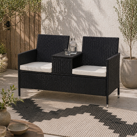 Nole Rattan Black 2 Seater Chair Set With Central Tea Table