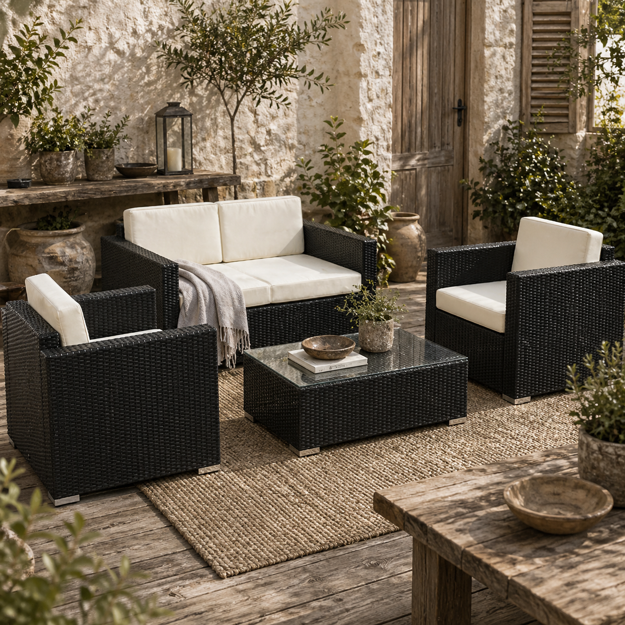 Elrolo Rattan Black 4 Seater Outdoor Sofa Set With White Cushions and Rectangular Coffee Table Glass Top