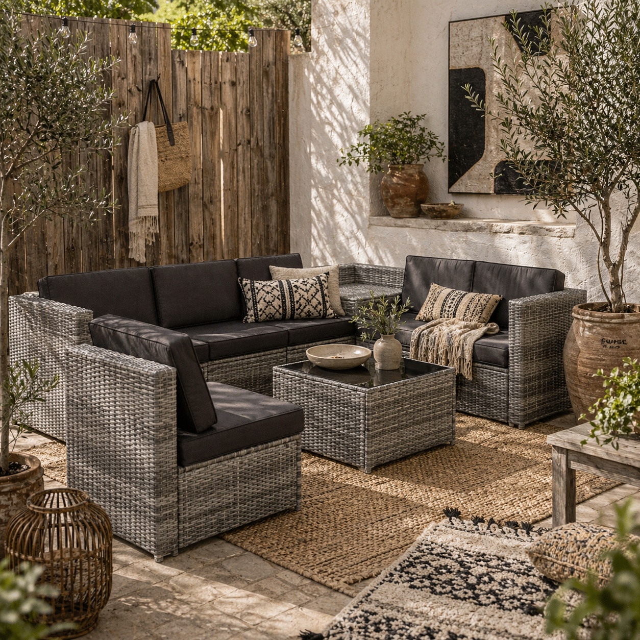 Nane Rattan Grey 6 Seater Outdoor Sofa Set with Coffee Table Glass Top Black Cushions