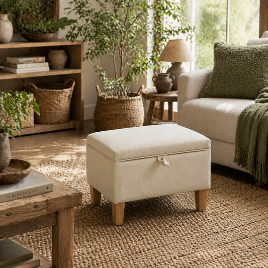 Pase Linen Beige Compact Storage Footstool Natural Wooden Legs