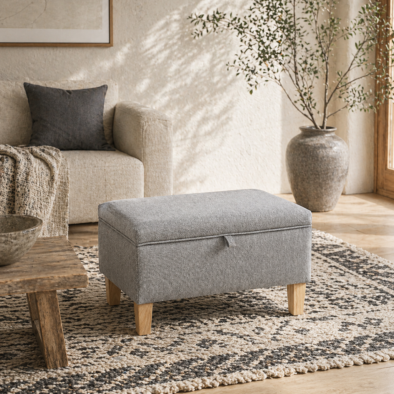 Tonale Linen Light Grey Compact Storage Footstool With Natural Wooden Legs