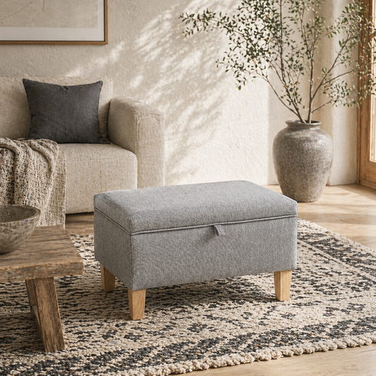 Tonale Linen Light Grey Compact Storage Footstool With Natural Wooden Legs