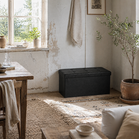 Riviri Faux Leather Black Folding Storage Ottoman Bench 89 Litre